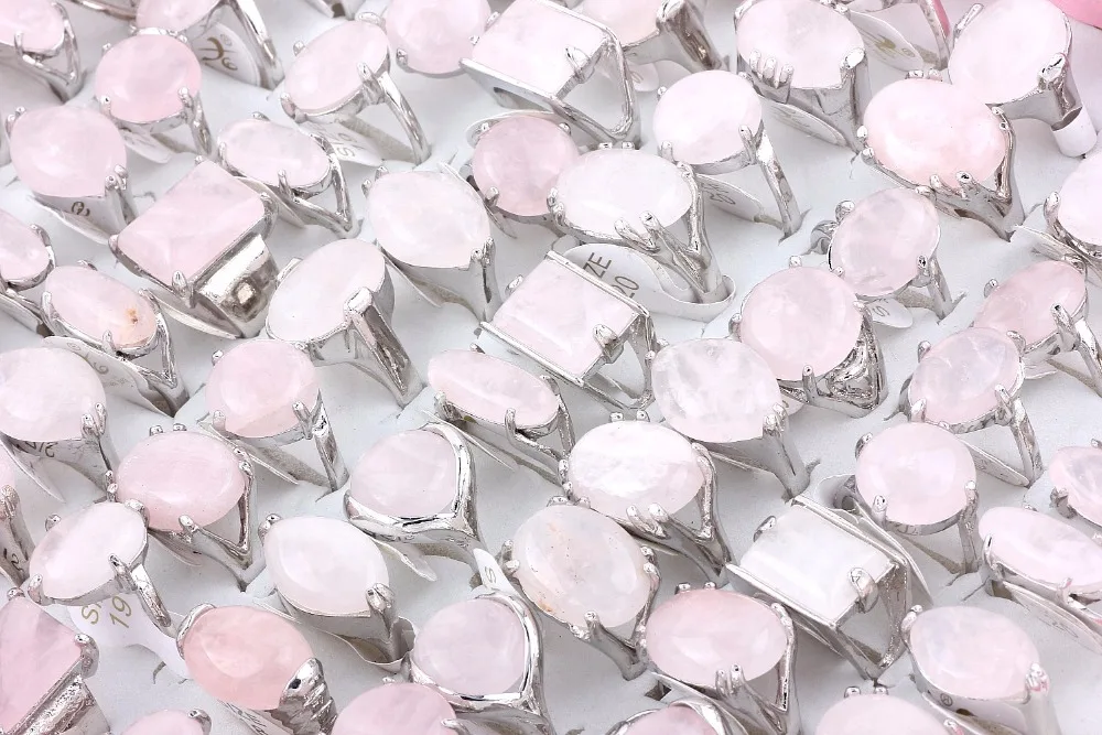 Wholesale Bulk 10Pcs Mix Style Natural Pink Quartz Stone Ring Band Zinc Alloy Ring Wedding Engagement Jewelry