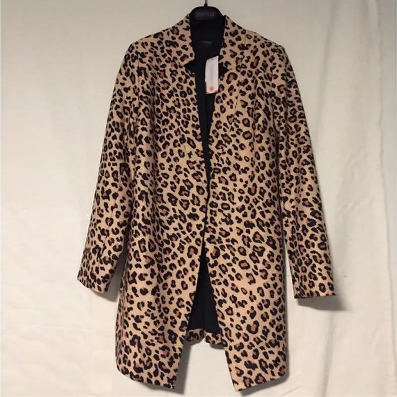 hirigin OL Leopard Printed Long Jacket Women Warm Workwear Winter Stylish Wide-waisted Cardigans Full Sleeve Coat S-2XL