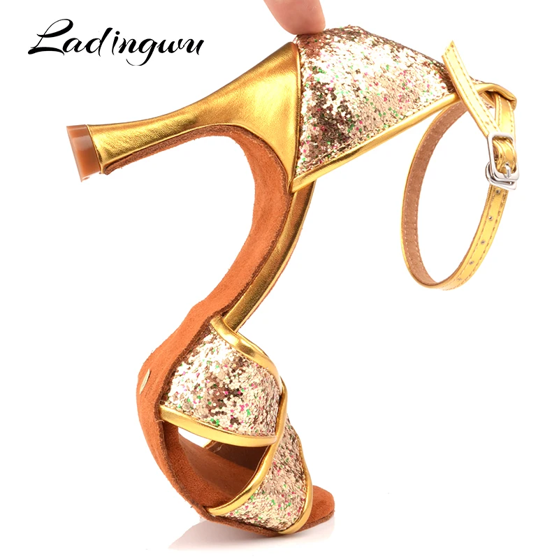 Ladingwu Dance Shoes Women Color Flash Gold PU Latin Shoes Dance Ballroom Dancing Shoes Plush Pad Tango Salsa Cuban heel 9cm