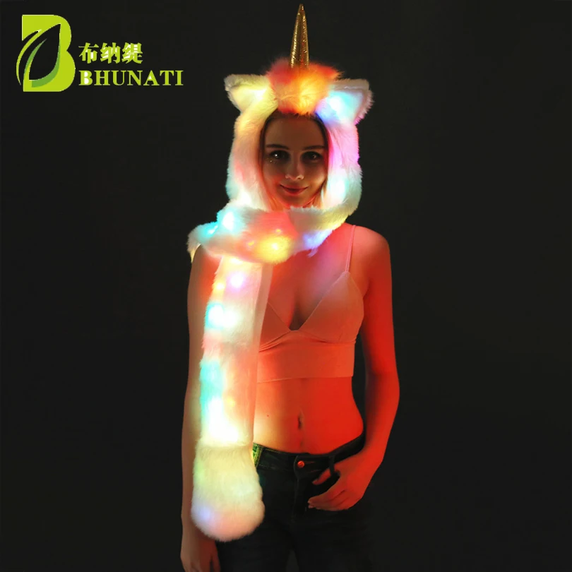 2024 New LED-lit Unicorn Hat Winter Fashion Warm Long Scarf And Gloves Multi-Scene Artificial Animal Fur Hat