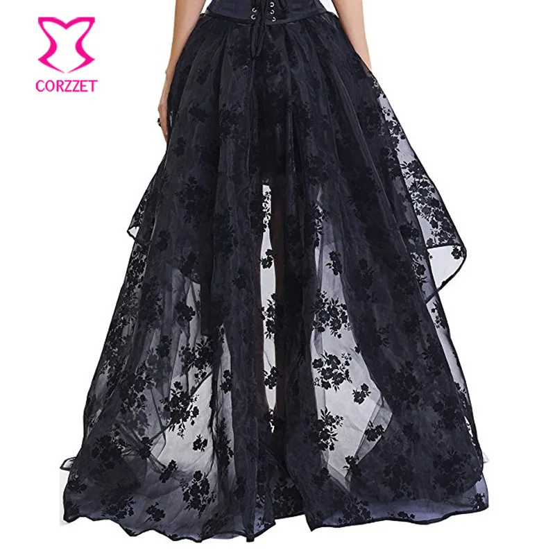 Black Floral Chiffon Front Short Back Long Gothic Victorian Skirt Steampunk Clothing Skirts Womens Vintage Clubwear Plus Size