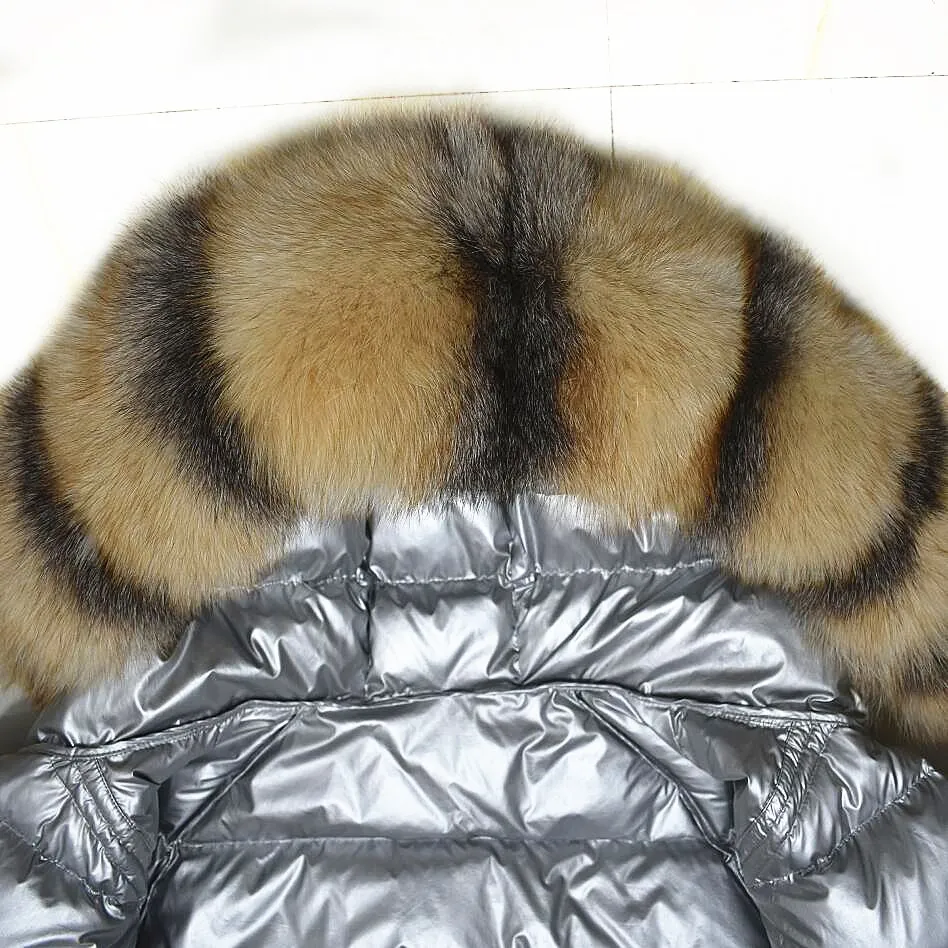 Double-Faced Duck Down Jacket, Natural Crystal Fox Fur, Large Collar, Thick Fur with Hat, Coat, Double-Sided, Ladies, New