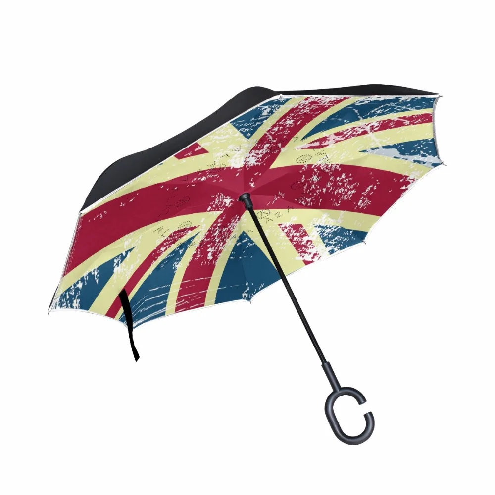 UK Flag Reverse Umbrella Folding Double Layer Inverted Windproof C Handle Windproof Rain Car Umbrellas For Women Rain Gear