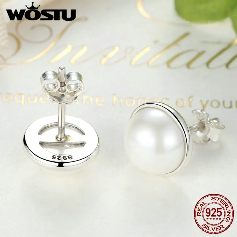 Real 925 Sterling Silver Elegant Beauty Stud Earrings With White Pearl For Women Compatible With  Brand Jewelry S925 Gift