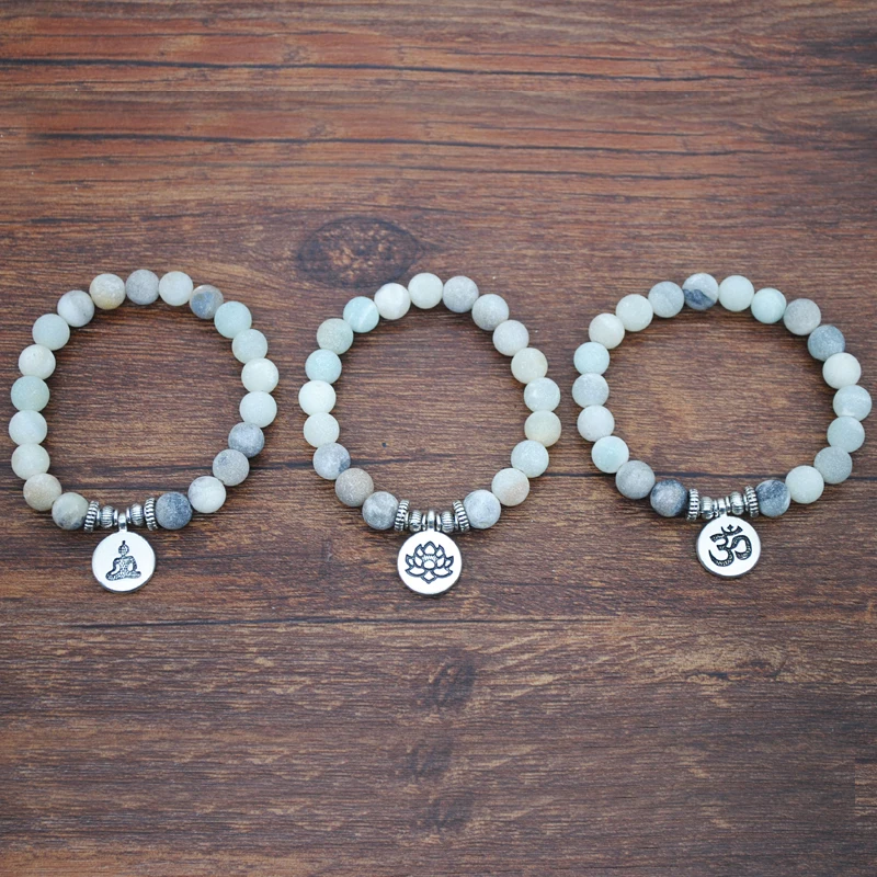 Yumfeel Natural Matte Frosted Amazonite Stone Bracelet OM Lotus Flower Buddha Charm Bracelet & Bangles Stone Jewelry