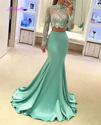 Long Sleeves Prom Dress for Graduation High-Neck Mermaid Two Pieces Party Gowns Lace Applique Sweep Train Evening Formal Dresses