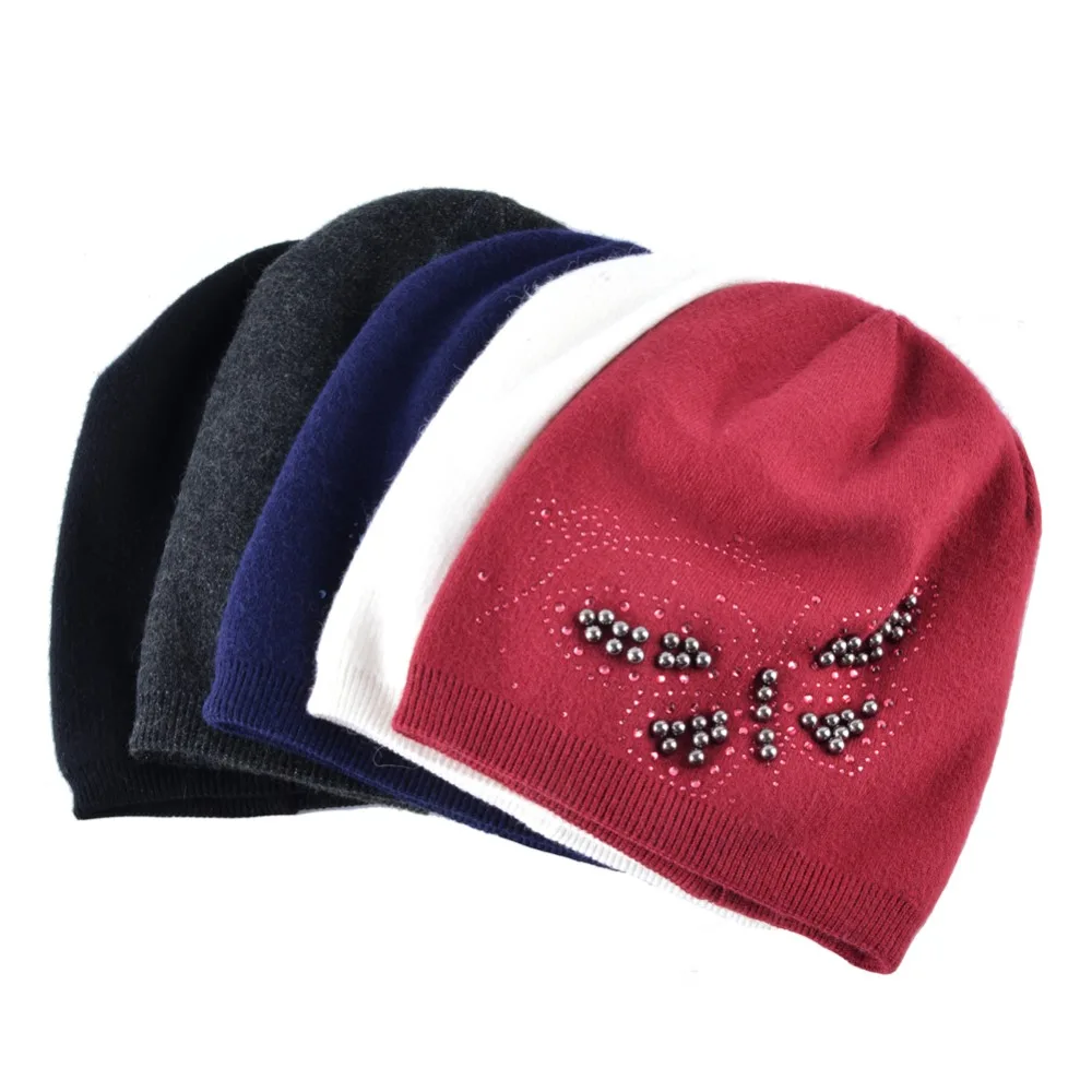 Ladies Knitted Bonnet Beanies Cap Women Pearls Butterfly Rhinestone Rabbit Wool Hat For Girls Autumn And Winter Female Skullies