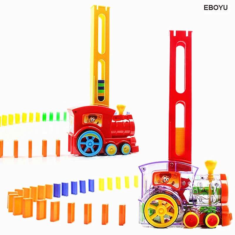 EBOYU Domino ของเล่นรถไฟรถรถบรรทุกรถอัตโนมัติอาคาร Domino Train กับไฟและดนตรีของขวัญของเล่นสำหรับเด็ก-60Pcs