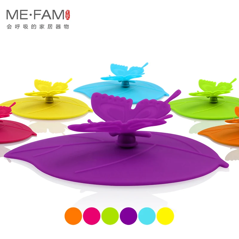 ME.FAM Fashion Colorful Lovely 3D Butterfly + Leaves Silicone Cup Cover 10.5 cm Dustproof Seal Lid Glass Ceramic Plastic Mug Cap