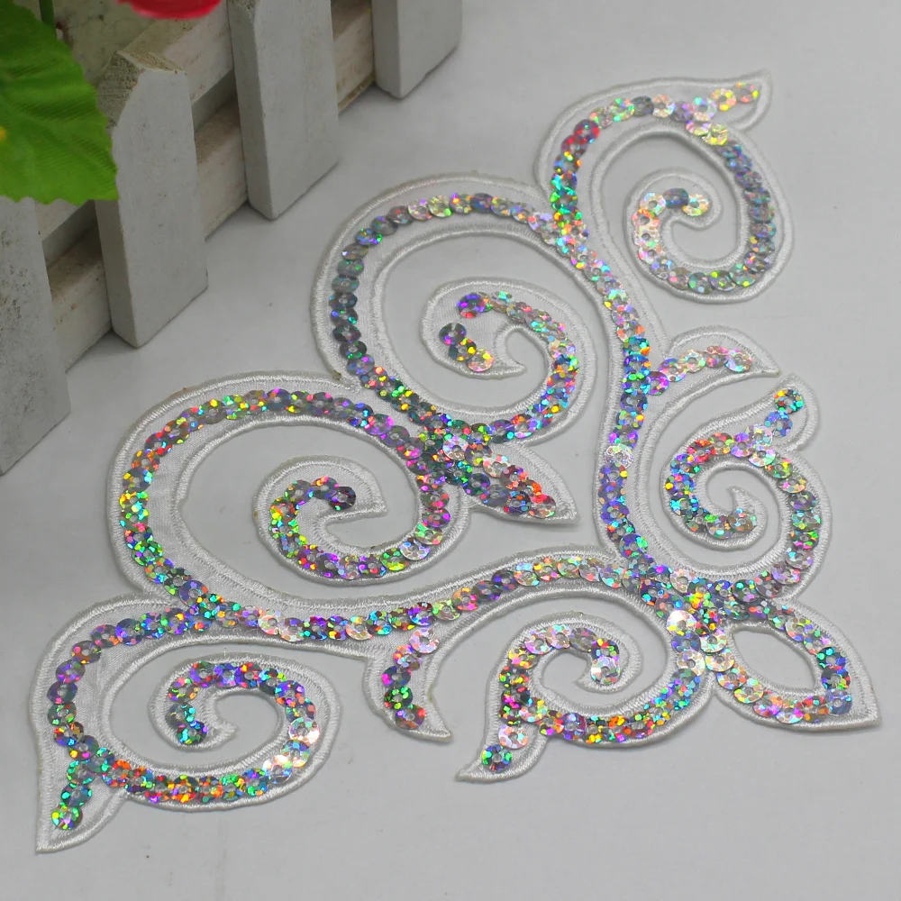 1 Piece Sequin Appliqued Gold Embroidery Patches Trims Iron on Cosplay Costumes Dress Dcoration 13*19cm