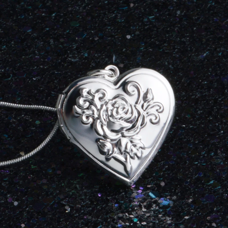 Classic Vintage Rose Flower 925 Sterling Silver Color Locket Double Heart  Necklace Photo El Collar Pendant Women\' Best Gift