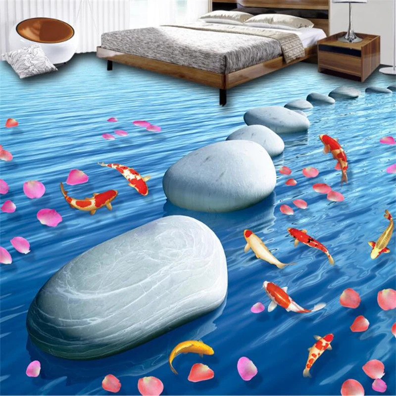 

wellyu Flowing Water Makeup Stone Petal Carp 3D Floor Tile Custom Large Mural 3D Floor Wallpaper papel de parede para quarto