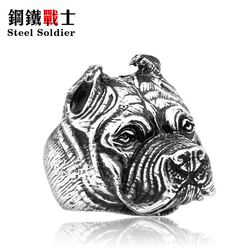 steel soldier Wholesale Exaggerated Ring Pit Bull Bulldog Dog Rings Men Personality Titanium Steel Animal Jewelry