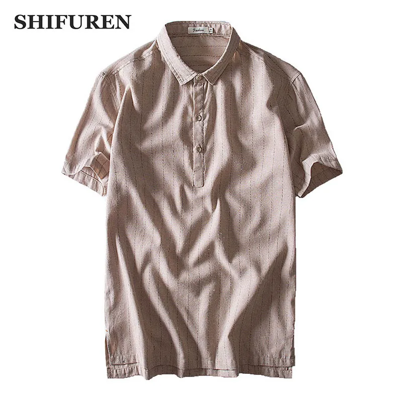 

SHIFUREN летние хлопковые льняные рубашки для мужчин с коротким рукавом дышащие повседневные мужские рубашки в полоску с отложным воротником размеры M-2XL