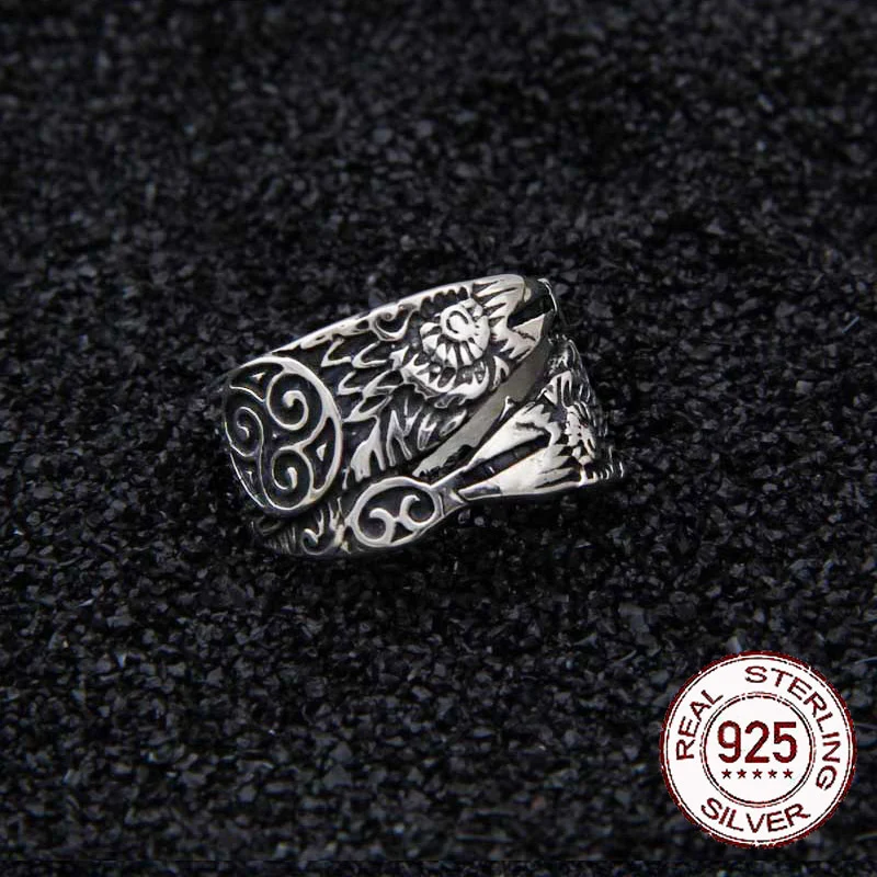 925 Sterling Silver Viking Odin Raven Hugin and Munin Ring Adjustable with Viking wood box as gift