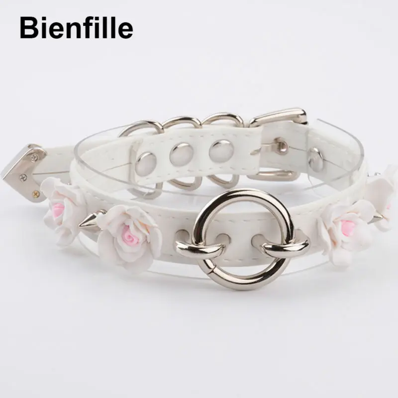 Choker Necklace Women Punk Gothic Flower  100% Handmade 2 Layer Clear PVC PU Leather Collar Necklace 6 Colors