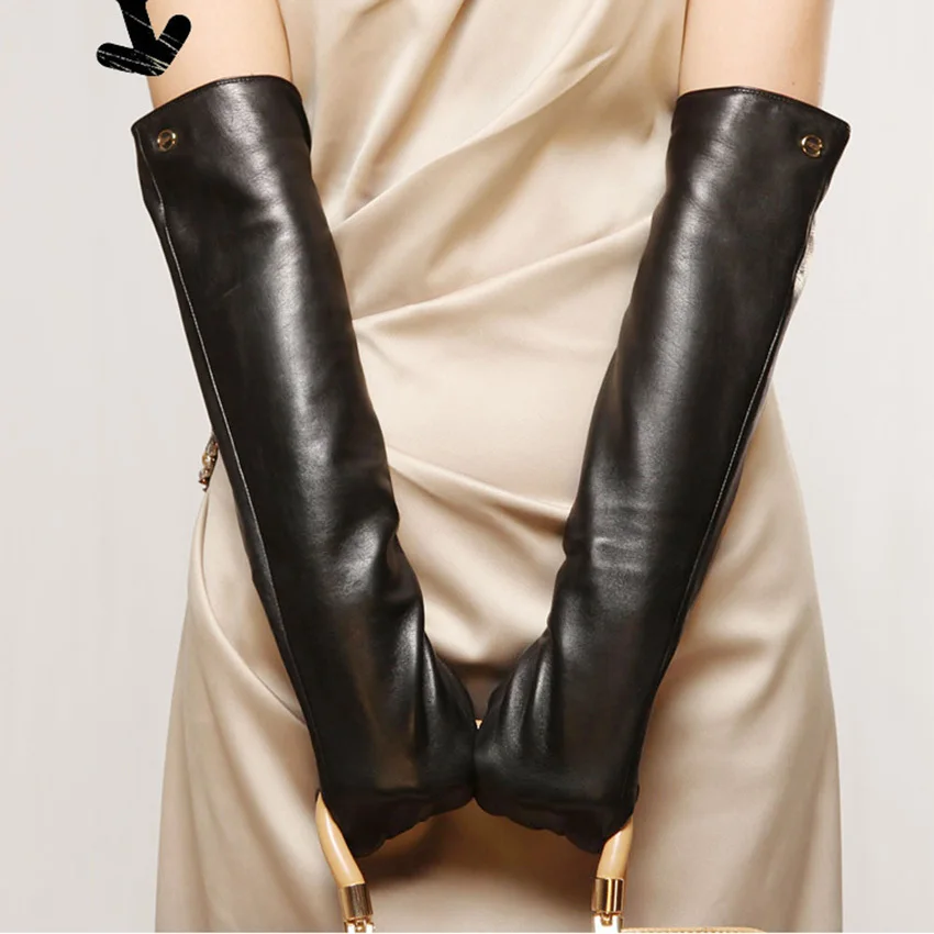 Fashion Sale 51cm Long Women Leather Gloves Five Finger Solid Real Sheepskin Banquet Genuine Opera Driving Glove EL017NC