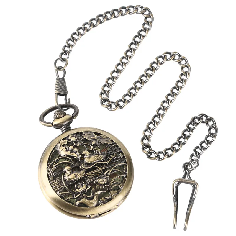 Vintage Automatic Mechanical Man Watches Carving Mandarin Duck Luxury Pocket Watch Trendy Unisex Gift Bronze Pendant Chain Clock