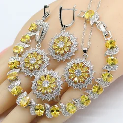 Silver 925 Dubai Bridal Jewelry Sets For Women Yellow Zircon Necklace Pendant Bracelets Earrings Rings Birthday Gift