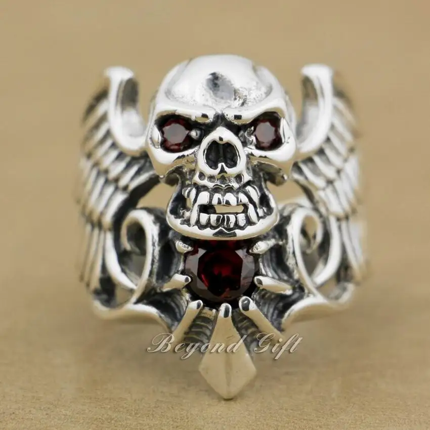 

Devil Wing Skull Red CZ Stone 925 Sterling Silver Mens Biker Ring 9M013 US Size 7~13