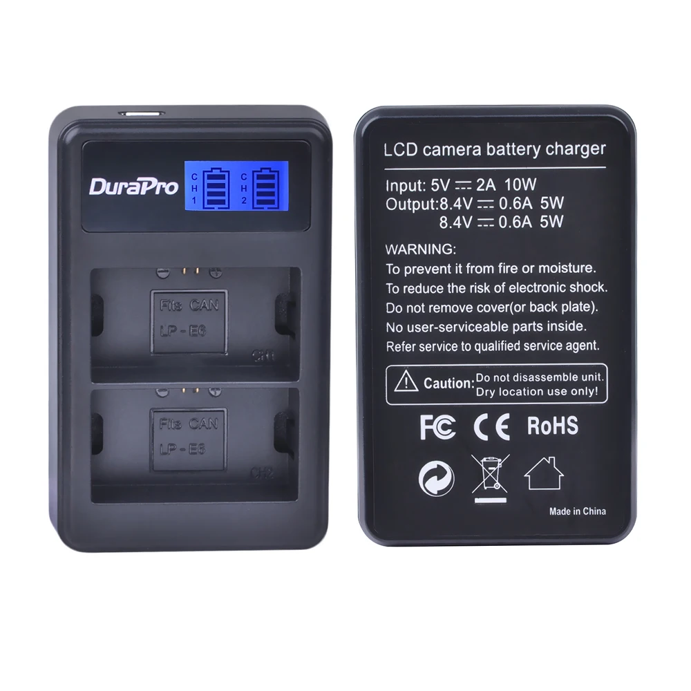 DuraPro 2pc LP-E6 Bateria LP-E6N LP E6 E6N Battery + LCD USB Dual Charger For Canon EOS 5D Mark II III 7D 60D 6D Battery