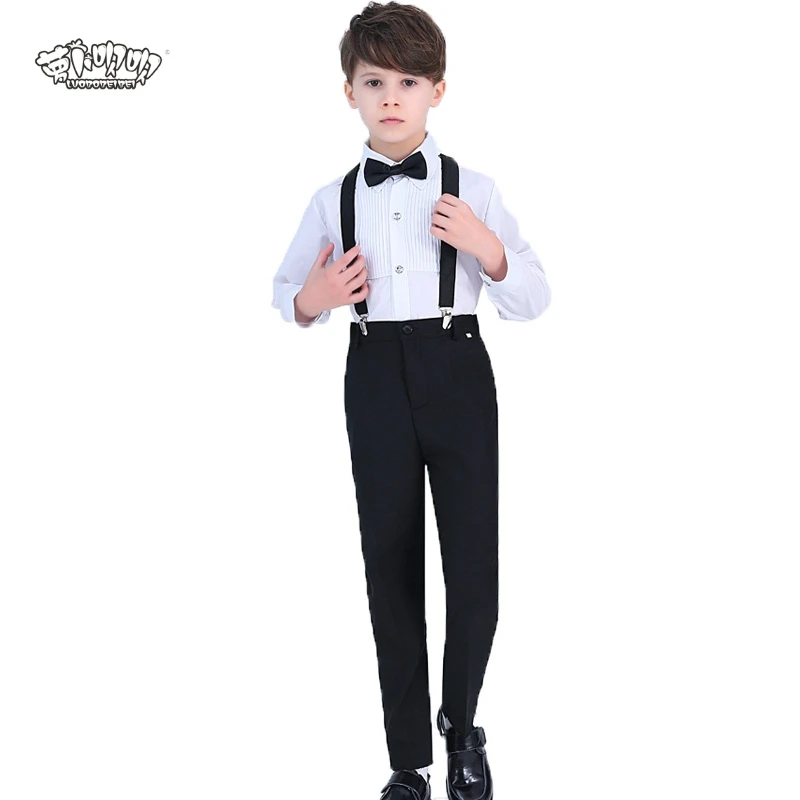 

Wedding Party Suit For Boys Kids Formal Prince student Dress Gentleman Kids Strap Shirt Pants Bowtie 4Pcs ceremony Costumes