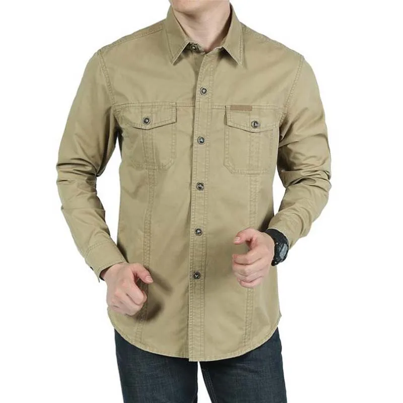 Military Style Men\'s Shirt Loose  Leisure Cotton Pure Color Shirts Big Size Tops Man wear Clothes Black/Army Green/Khaki M-5XL