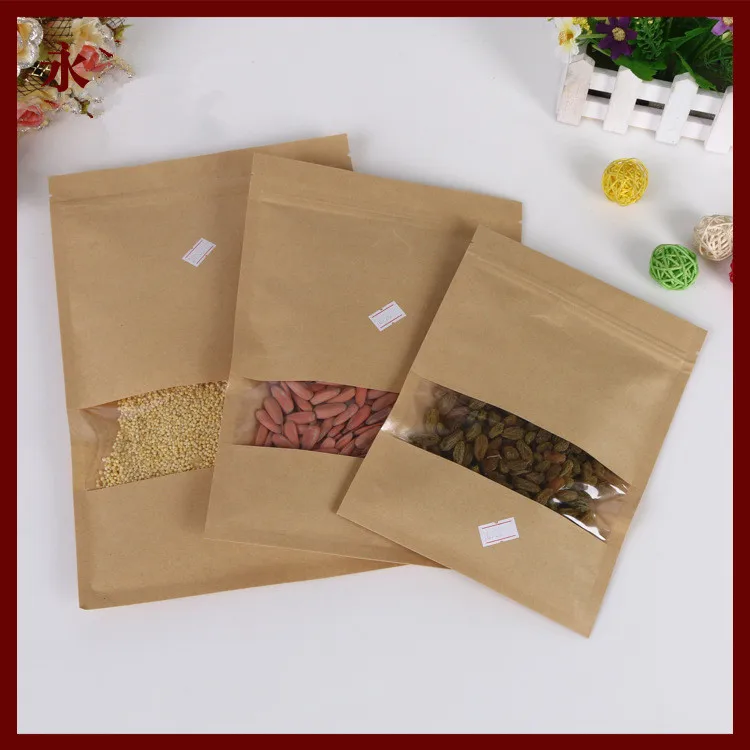 20*30cm 50pcs Kraft Paper Ziplock Window Bag For Gifts/tea/candy/jewelry/bread Packaging Paper Food Bag Diy Jewelry Pack Display