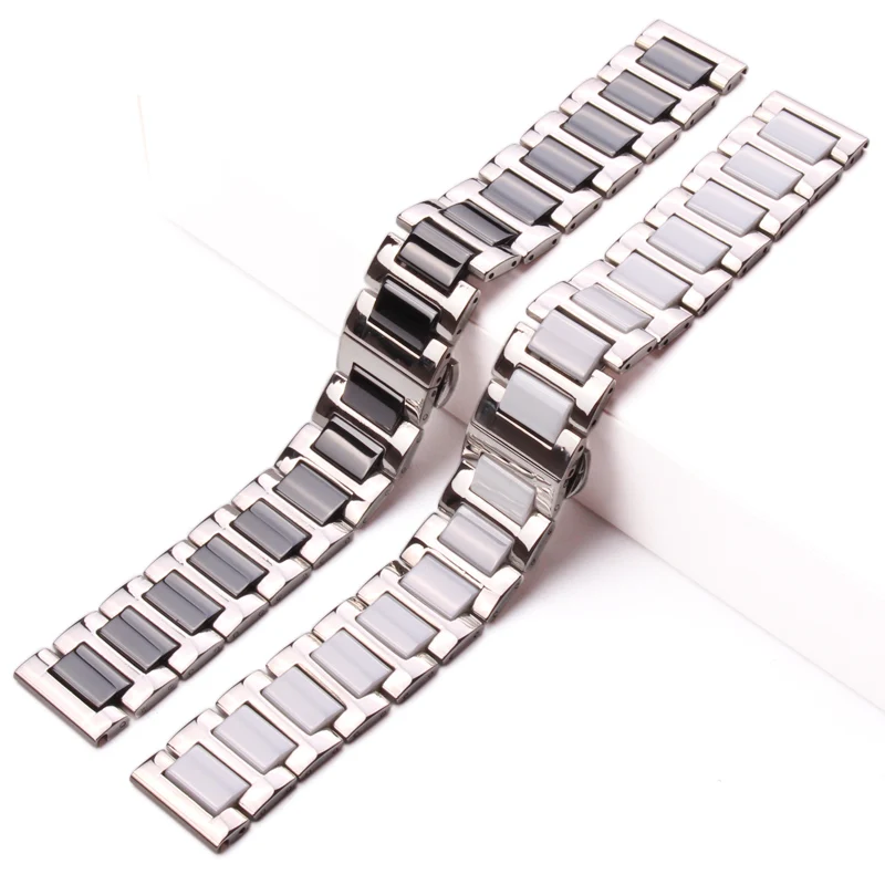 16 18 20mm Stainless Steel Bracelet Middle Ceramic Links Watch Band Men Lady White Black Clock Accessories Watchband Strap