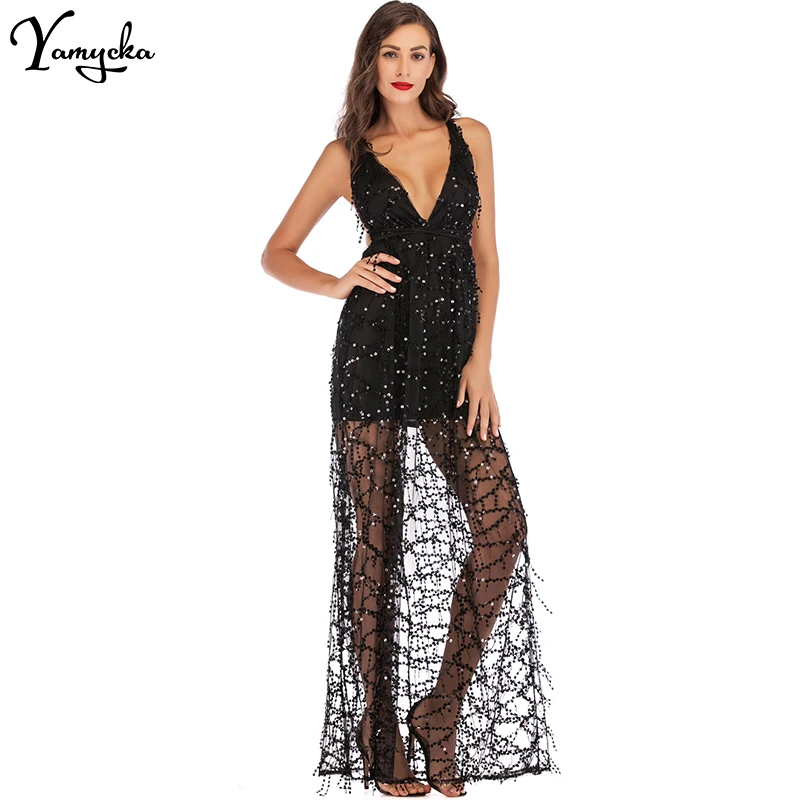 

Sexy backless black Sequin Summer Dress women elegant mesh club maxi party dress womens birthday evening long dresses vestidos