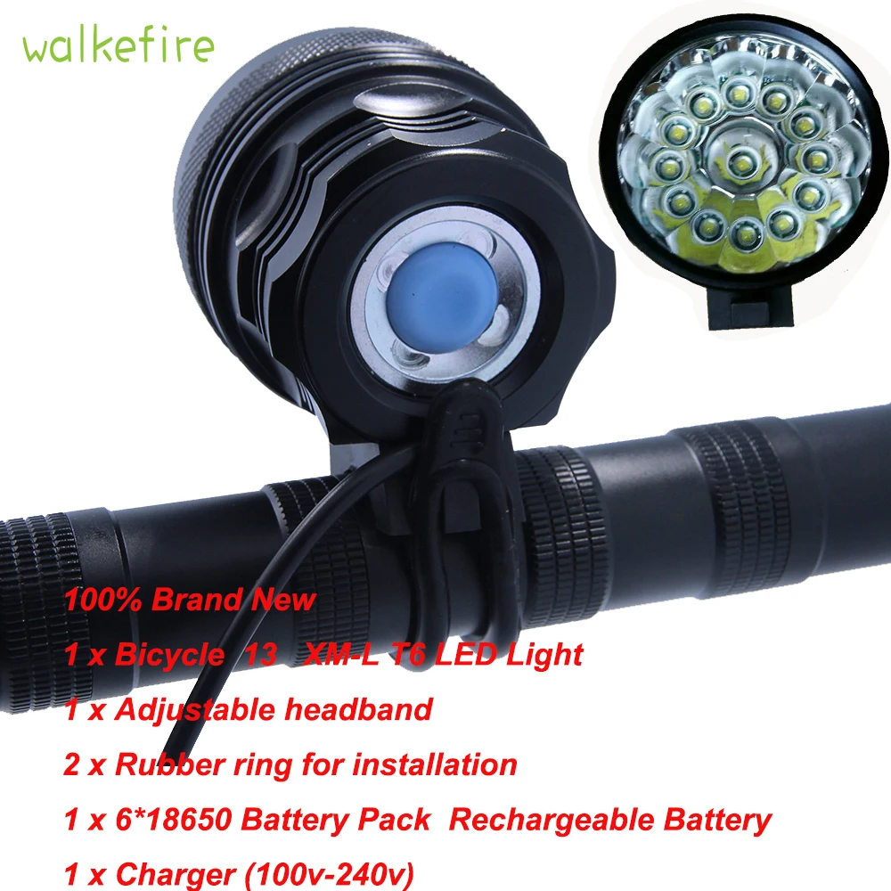 

Walkifre High Lumens 3 Colors 13 x XML T6 LED Rechargeable Bicycle Light Cycling HeadLight Bike Headlamp + 6x18650 Battery Pack