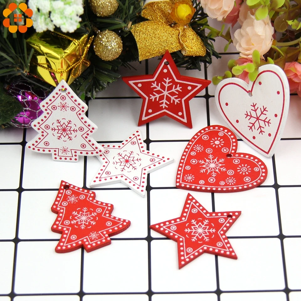12PCS/Lot DIY White&Red Christmas Printed Wooden Pendants Ornaments For Kids Christmas Gifts Xmas Tree Ornaments Decorations