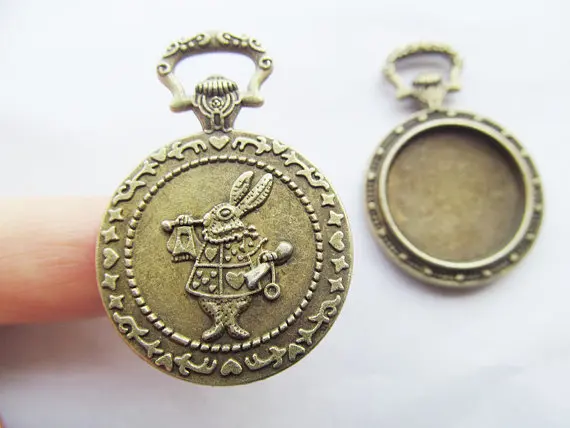 2pcs Large Antique Silver/Antique Bronze Vintage Rabbit Pocket Watch Base Setting Pendant Charm,35mm Cabochon/Cameo Tray Bezel