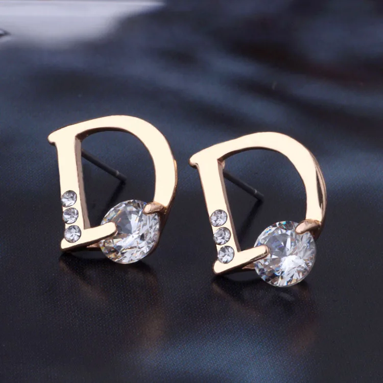 Fooderwerk Jewelry Korean Fashion Earrings Small Fresh D Letter Stud Earrings For Women Hollow Zircon Exquisite Earrings