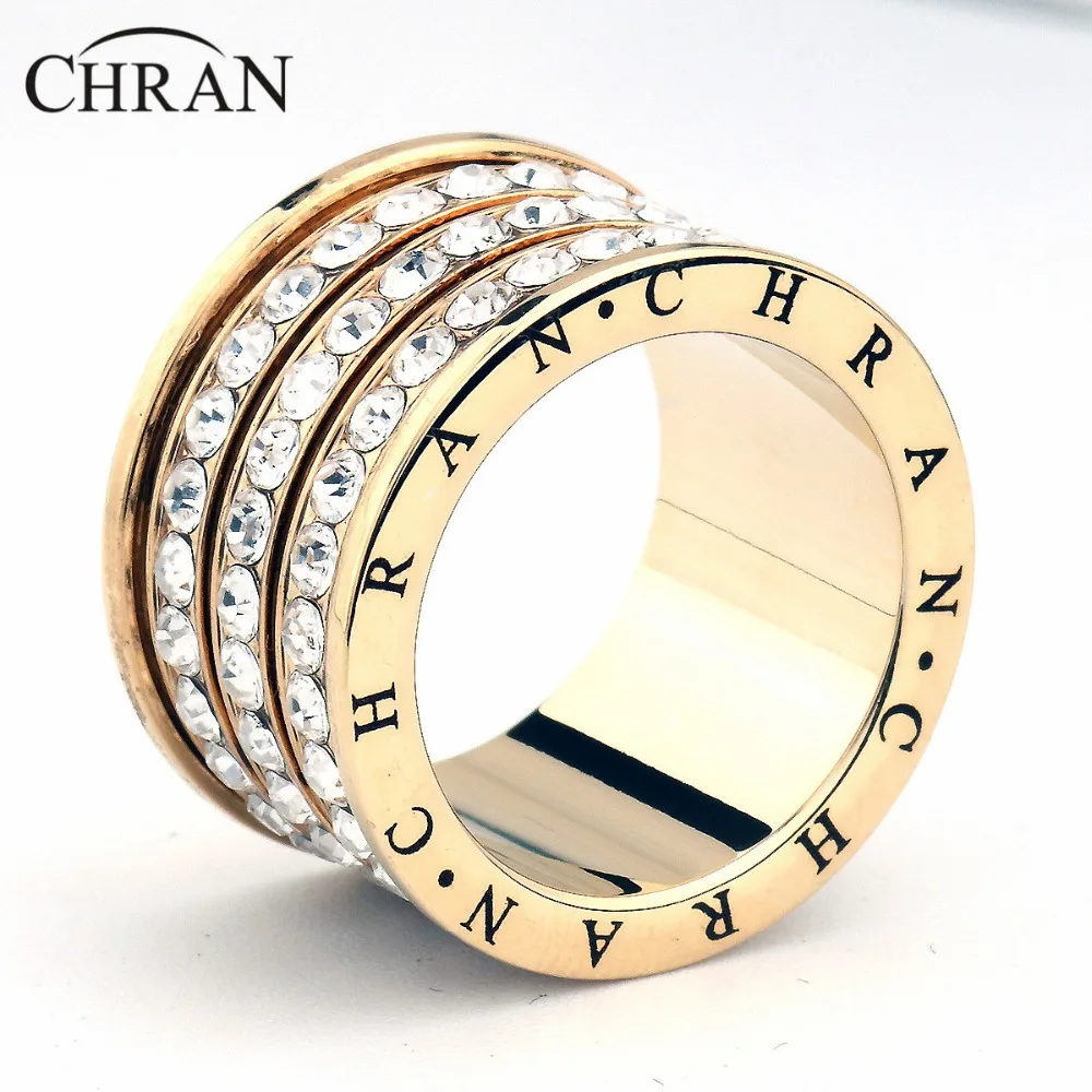 Chran Fashion 3 Pave Full Crystal Big Wedding Rings for Women Romantic Cubic Zirconia Ring Bague Femme Gold-Color Ring Female