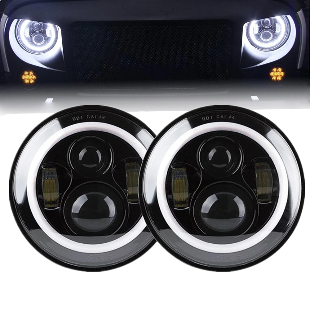 

2pcs 80W 7" LED H4 headlight White Drl turn signal halo for Jeep Wrangler JK TJ LJ For Land Rover Defender Lada 4x4 urban Niva