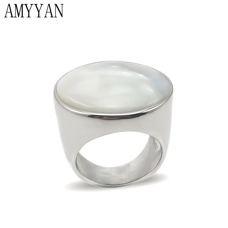 silver color 316L stainless steel product add mother of pearl women ring fashion bezel setting  wide interface jewelry