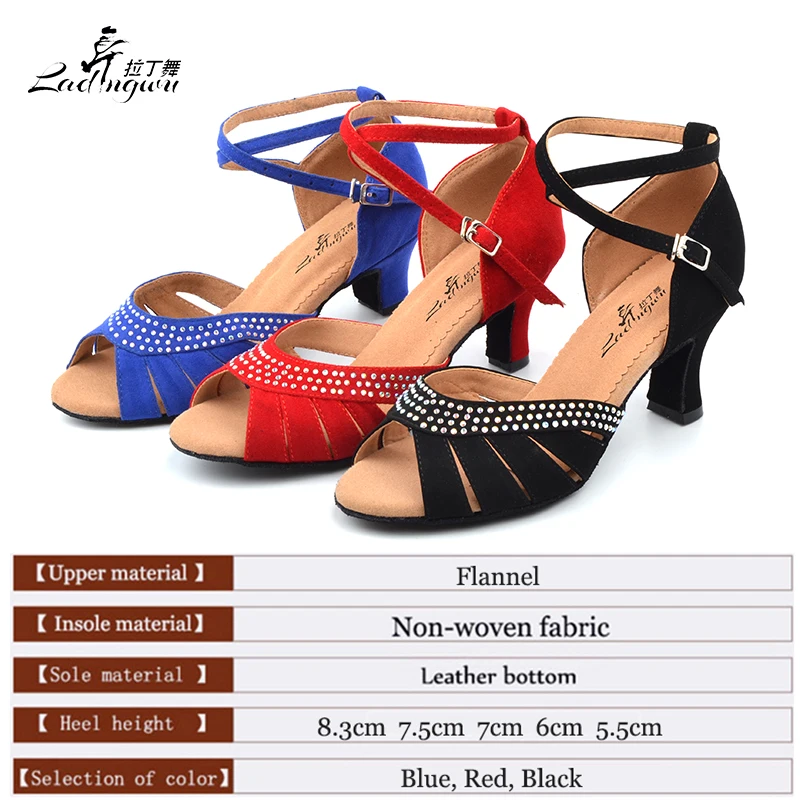 Ladingwu Wholesale Black/Blue/Red Shoes Woman Flannel Collocation Rhinestone Salsa Dance Shoes Latin  Ballroom Dance Shoes Women