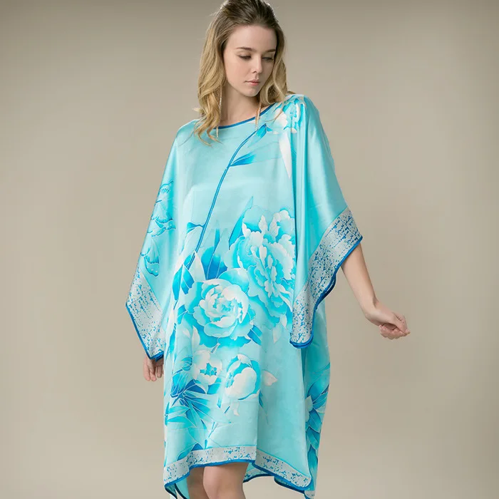 100% Silk Satin Dress Women Silk Dresses Natural Silk Free Size Handmade Painted Dress Light Blue China Silk Supply Online Store