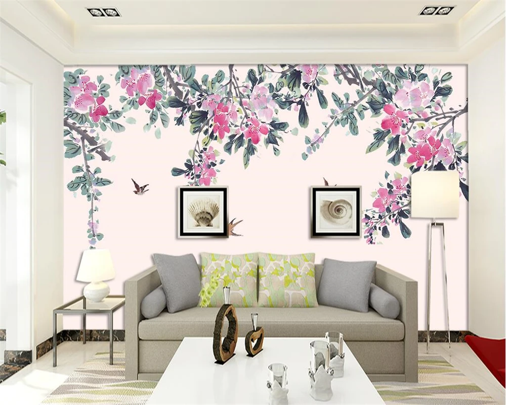 Beibehang Home decoration murals watercolor plum blossom national painting tricks flowers and birds TV background 3d wallpaper