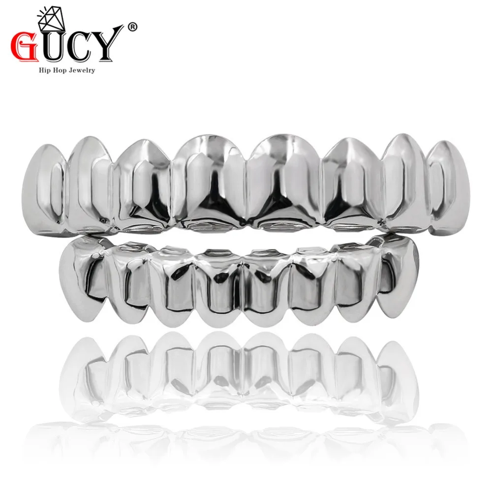 GUCY Grillz-Juego de parrillas con acabado dorado, juego de 8 dientes superiores y 8 dientes inferiores, estilo Hip Hop liso, regalo para Halloween