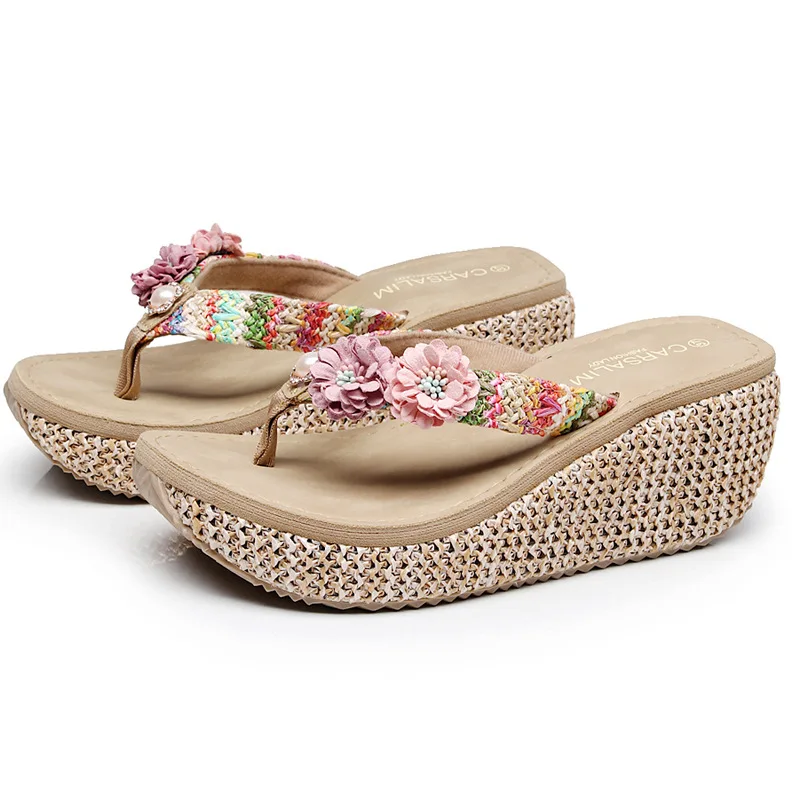 Shoes Woman Summer Bohemia Slippers Fashion Toes Flip Flops Flower Womens Wedge Sandals Beach Slippers Shoes(in stock)