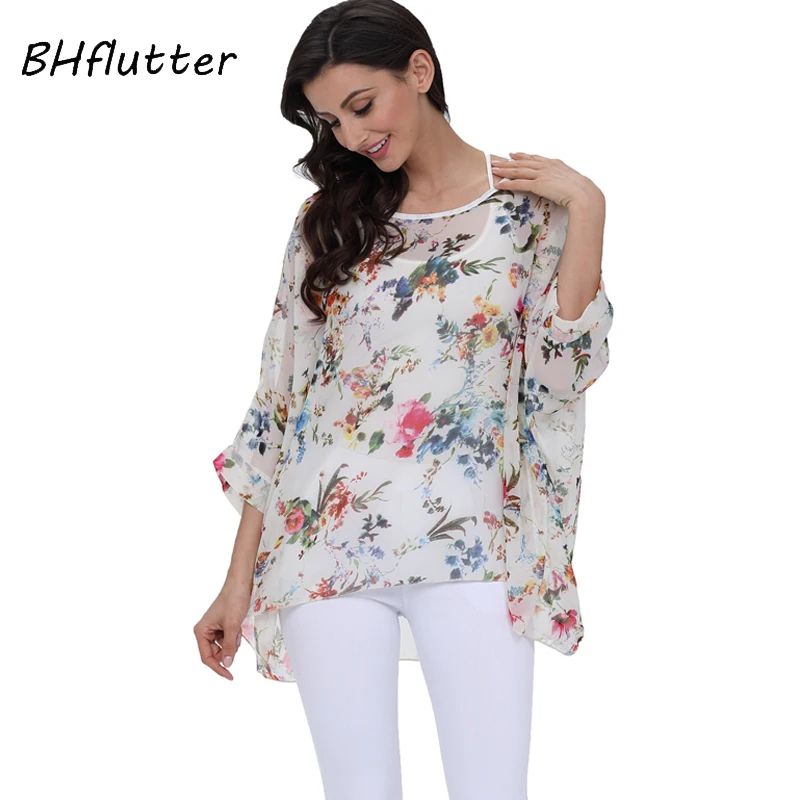 BHflutter New 2018 Women Blouse Shirt Boho Style Fashion Floral Print Chiffon Tops Tees Casual Batwing Summer Blouses Blusas