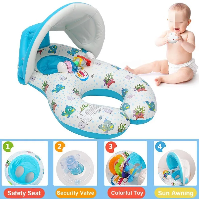 Baby Inflatable Pool Float Neck Ring With Subshade Mother Children Swim Circle Inflatable Safety Swimming Ring Float Seat
