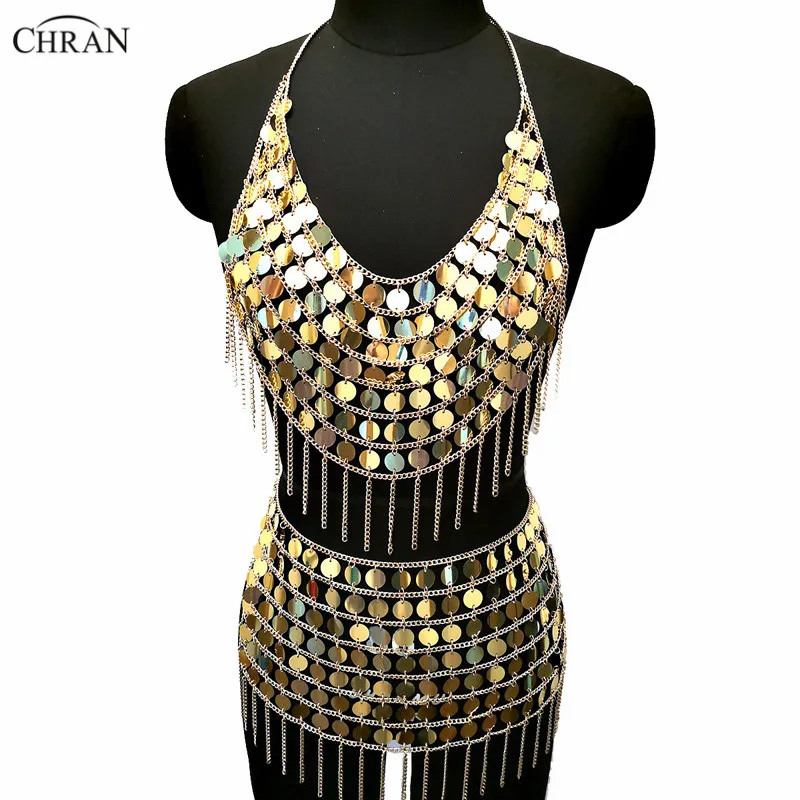 

Chran Gold Sequin Mermaid Dress Chainmail Festival Bra Crop Top Sexy Ibiza Skirt Set