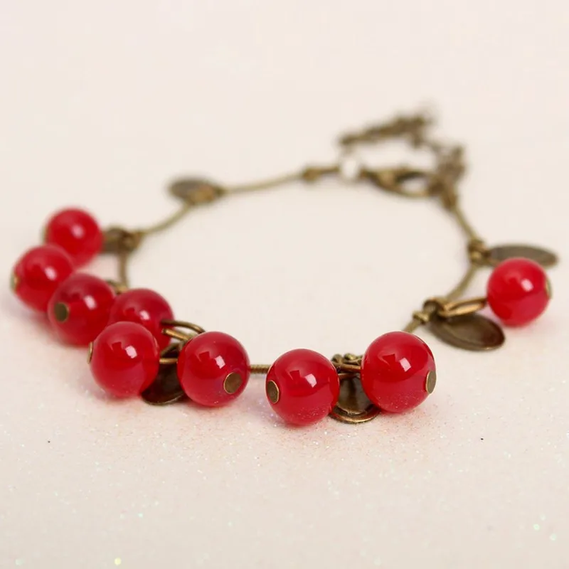 L030 Hot New Fashion Vintage Sweet Cute Coin Red Cherry Charm Chain Bracelet & Bangle for Women Jewelry Gift Mujer Pulseras