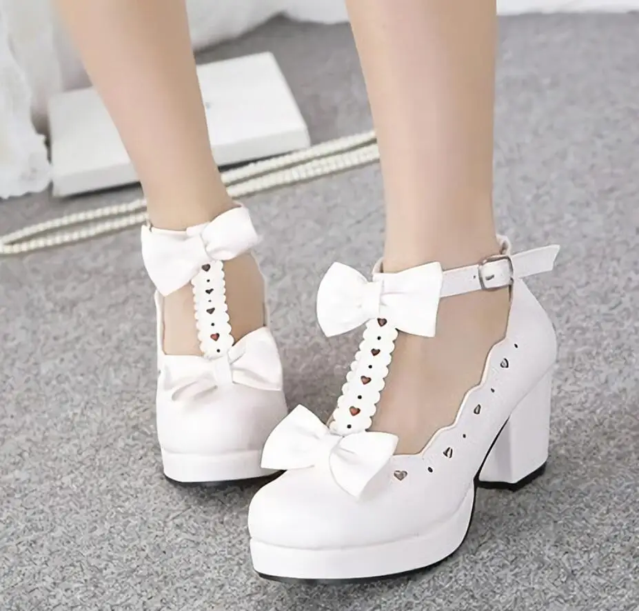 Lolita Heavy-Bottomed 3 Color Girl Shoes Princess Bowknot Kawaii Woman JK Uniform Shoes Loli Round Head Sweet Middle Heel Shoes