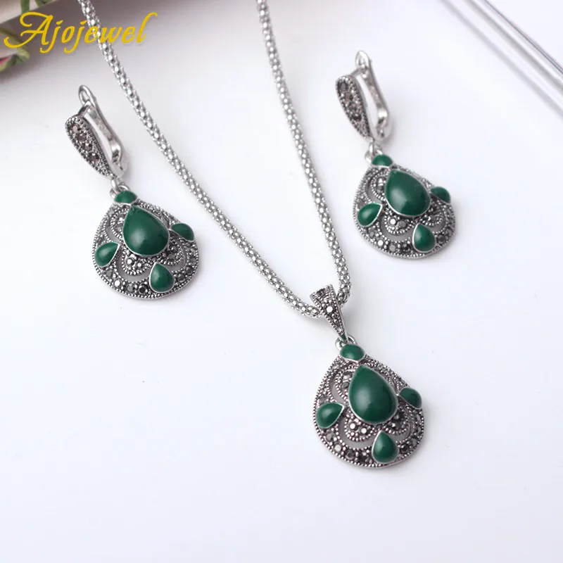 Ajojewel Blue & Green & Red Semi-precious Stone Vintage Jewelry Sets For Women Water Drop Shaped Necklace Earrings Ethnic