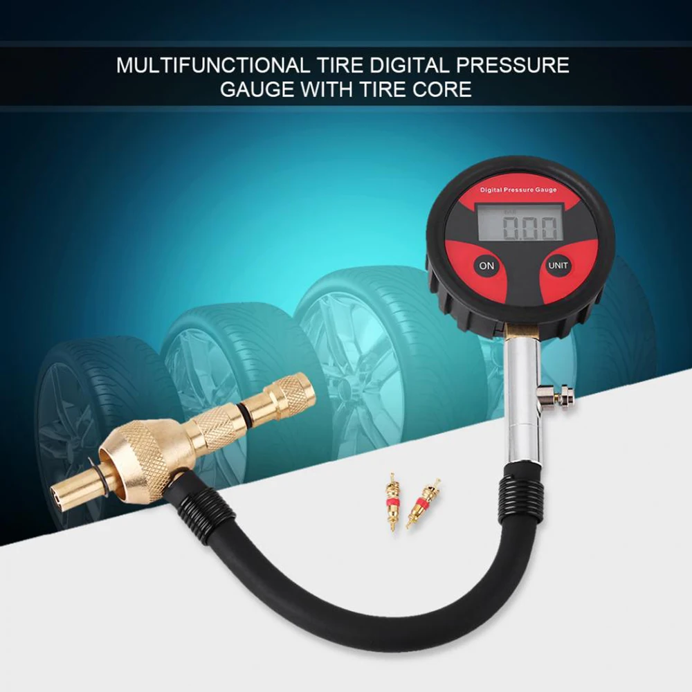 Auto Motorcycle Car Cycle Truck Tire LCD Digital Pressure Gauge With Tire Core 2x Built-in CR2032