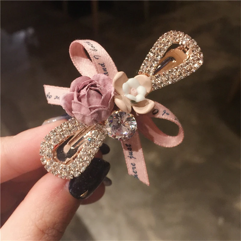 Korean Fashion Flower Hair Clip Crystal Bow Ribbon Hairpins Shiny Rhinestones Boutique Women Hair Accessories Ponytail Holder